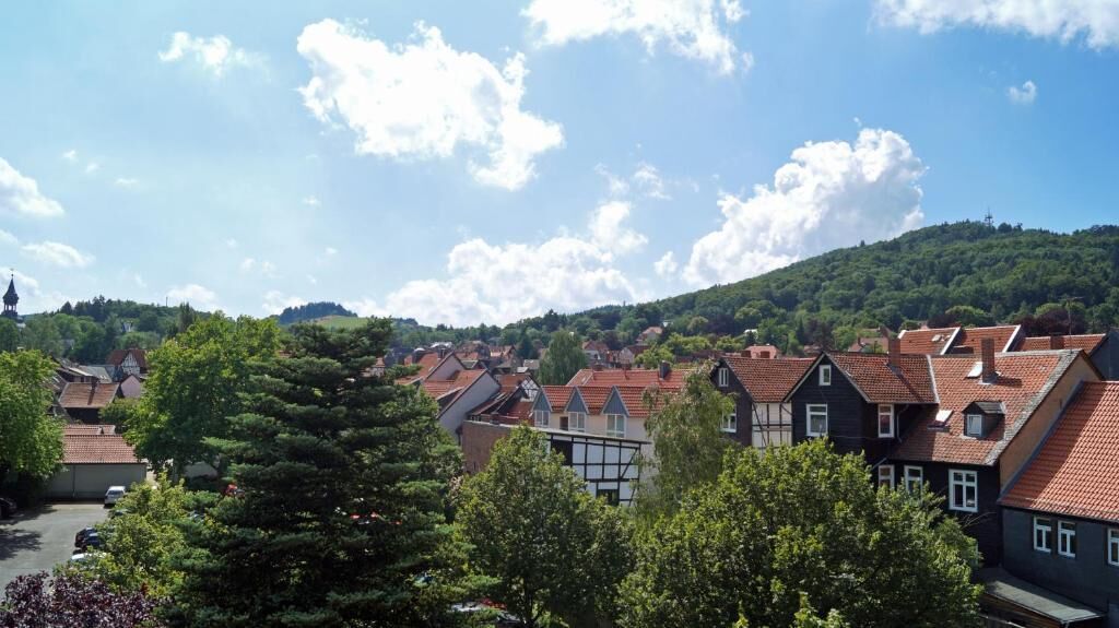 A residential area with houses, trees, and a hill in the background.