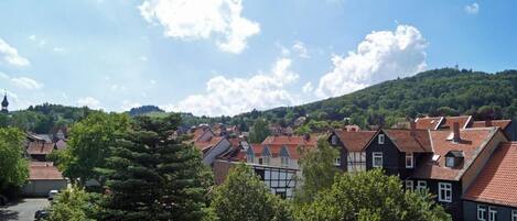 A residential area with houses, trees, and a hill in the background.