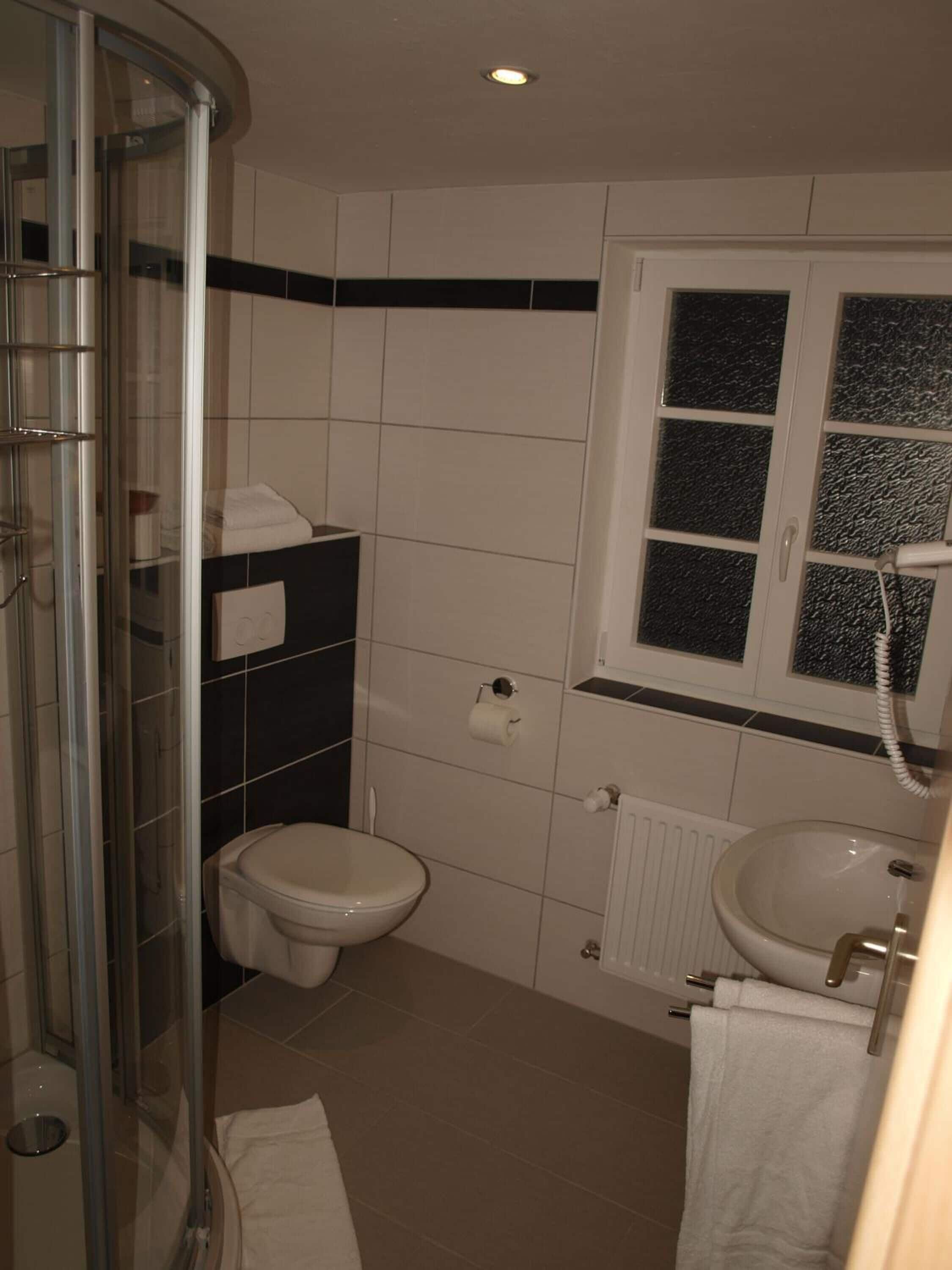 A bathroom with a toilet, sink, and glass shower enclosure.