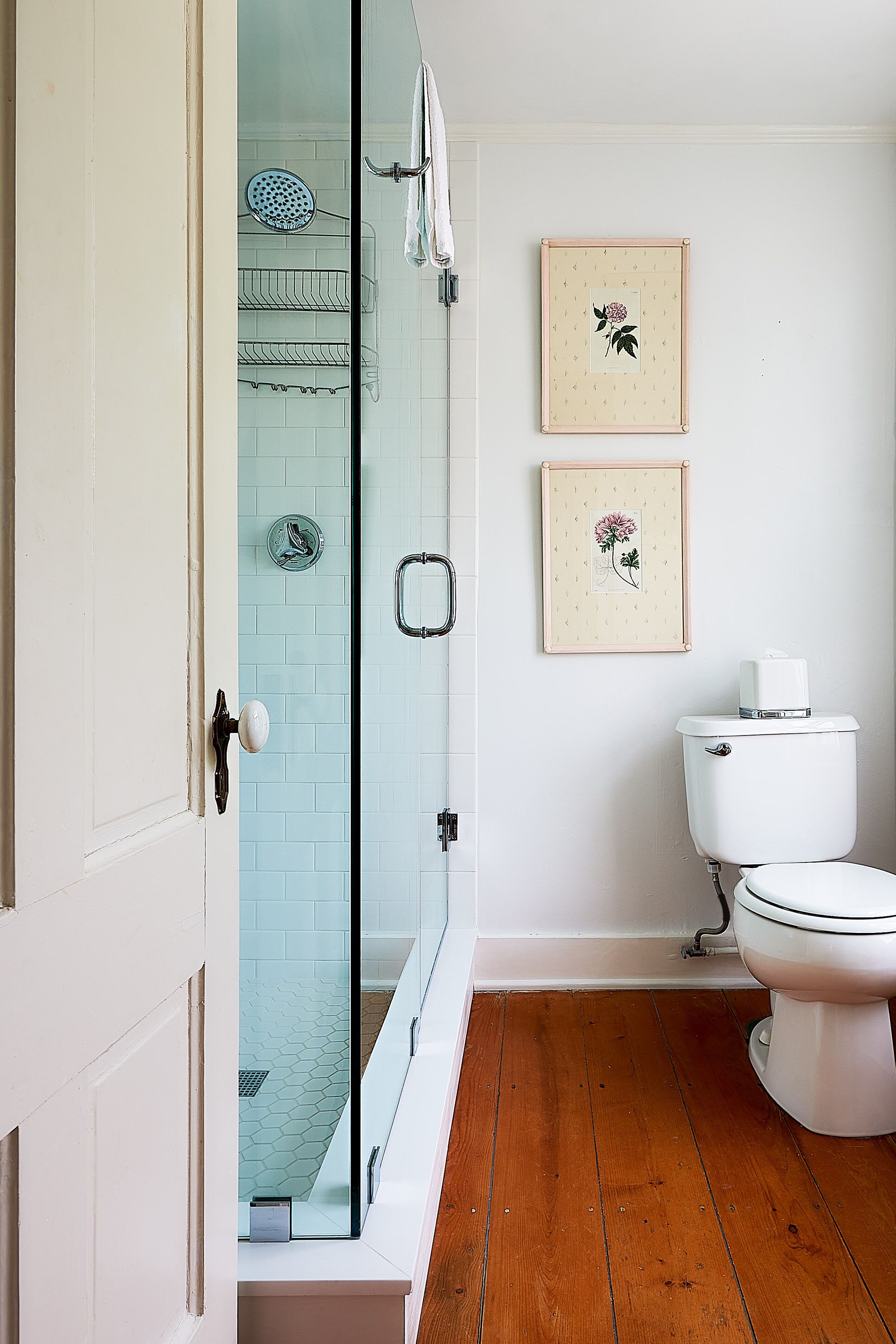 Un baño con cabina de ducha de vidrio, un inodoro y dos cuadros con motivos florales en la pared.