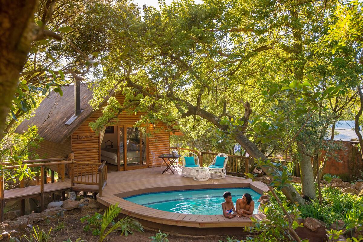 A wooden cabin with a pool, surrounded by trees and greenery.