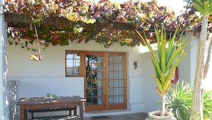 A patio with a wooden table and bench, a potted plant, and a door with glass panels.