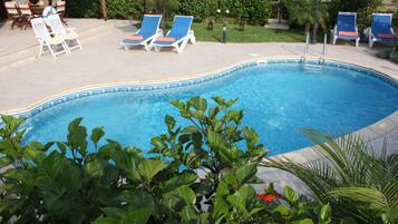 Una piscina con sillas de descanso y sombrillas, rodeada de follaje.