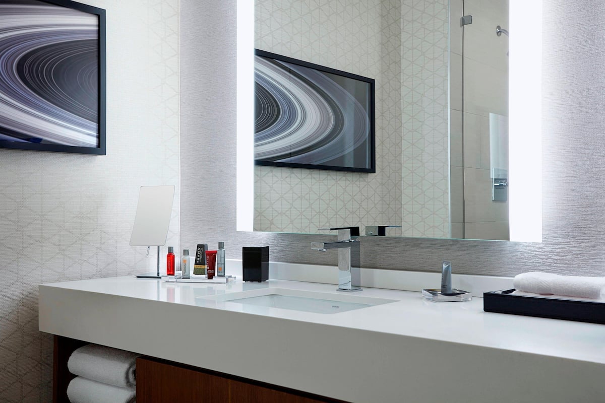 Combined shower/tub, free toiletries, hair dryer, towels