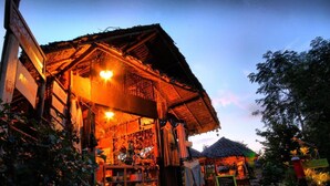 A rustic wooden building with a thatched roof, illuminated by warm interior lighting, surrounded by greenery.