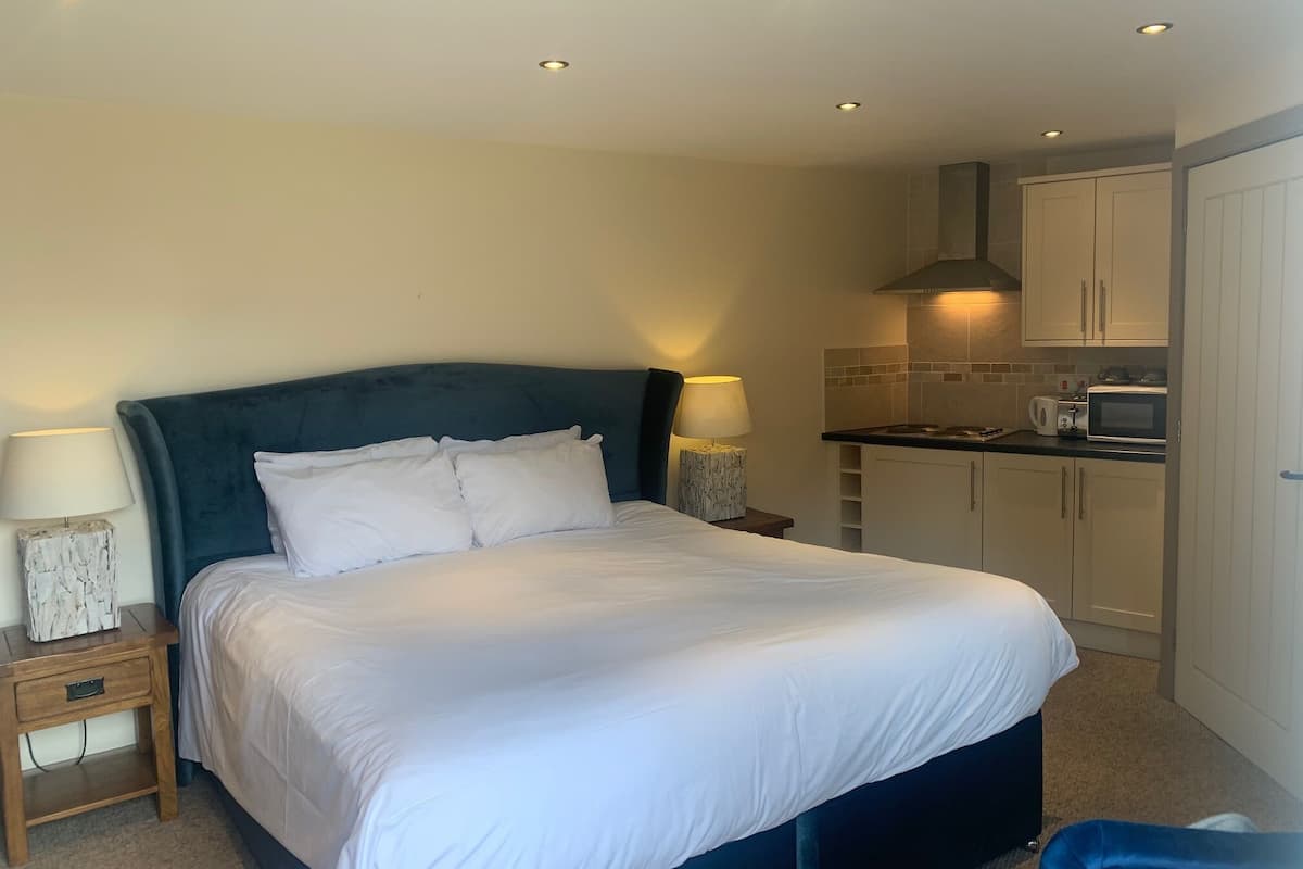 A bedroom with a bed, bedside tables, a lamp, and a kitchenette with cabinets and appliances.