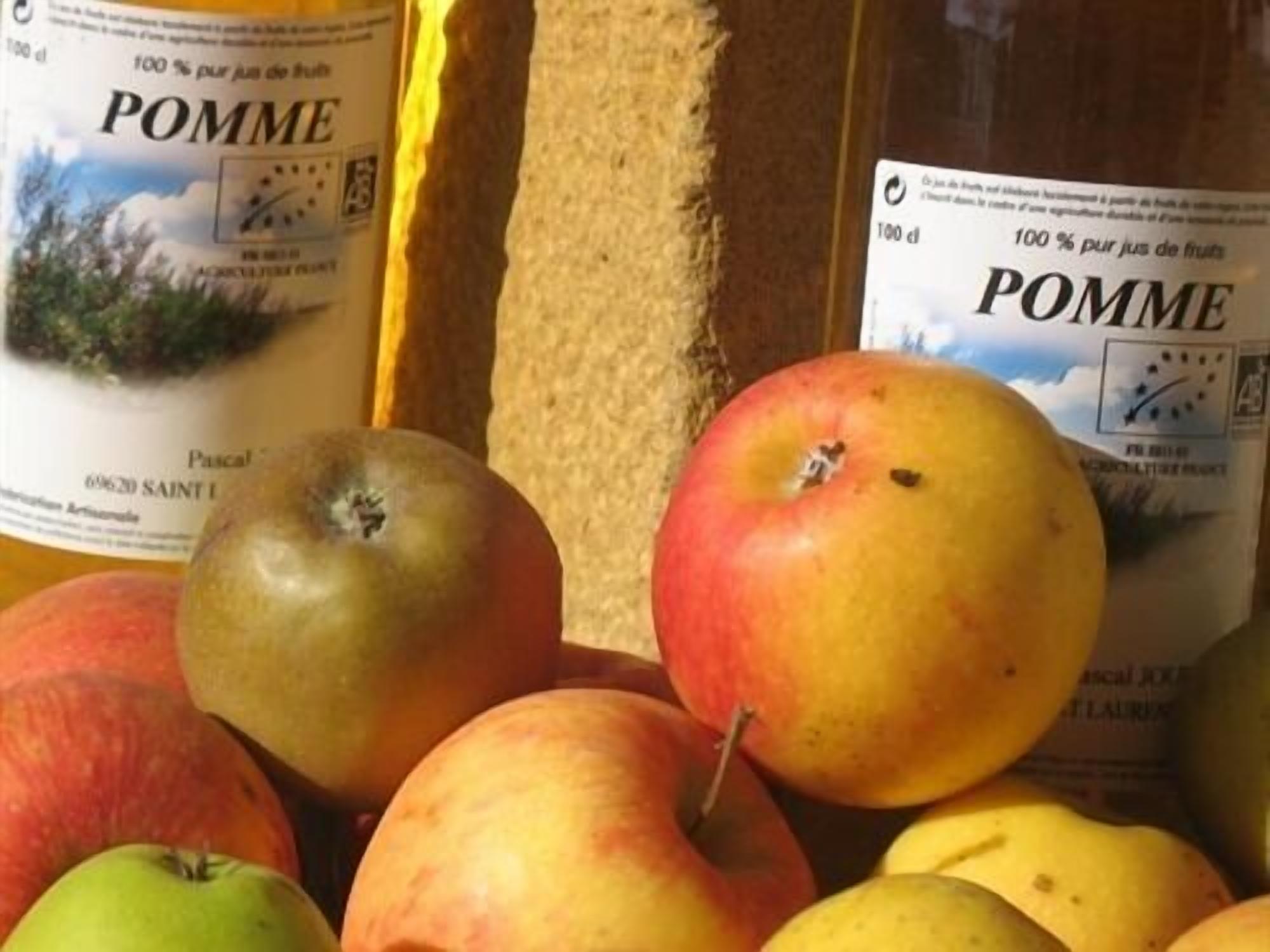 Variedad de manzanas en un cajón con etiquetas que indican que son 100% fruta Pommes.