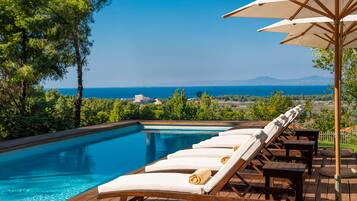 Una piscina al aire libre, una piscina climatizada, sombrillas, tumbonas