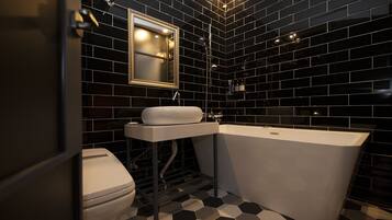 Deep-soaking bathtub, free toiletries, hair dryer, bathrobes