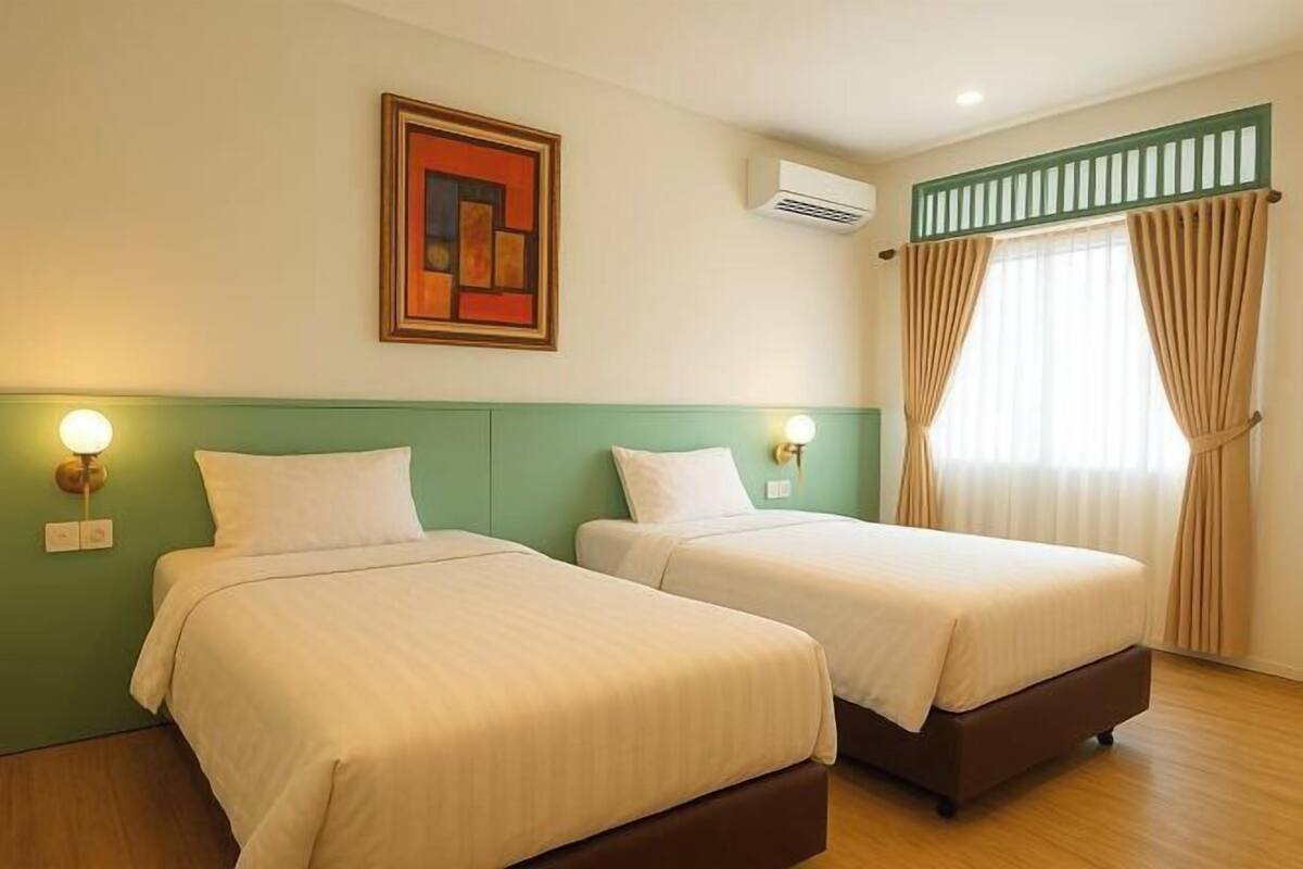 Desk, blackout drapes