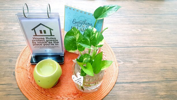 A clear glass house rules sign, a notebook titled 'Everything in Bali', and a potted plant with a tag. - Crossroads Hostel Manila (Mandaluyong)