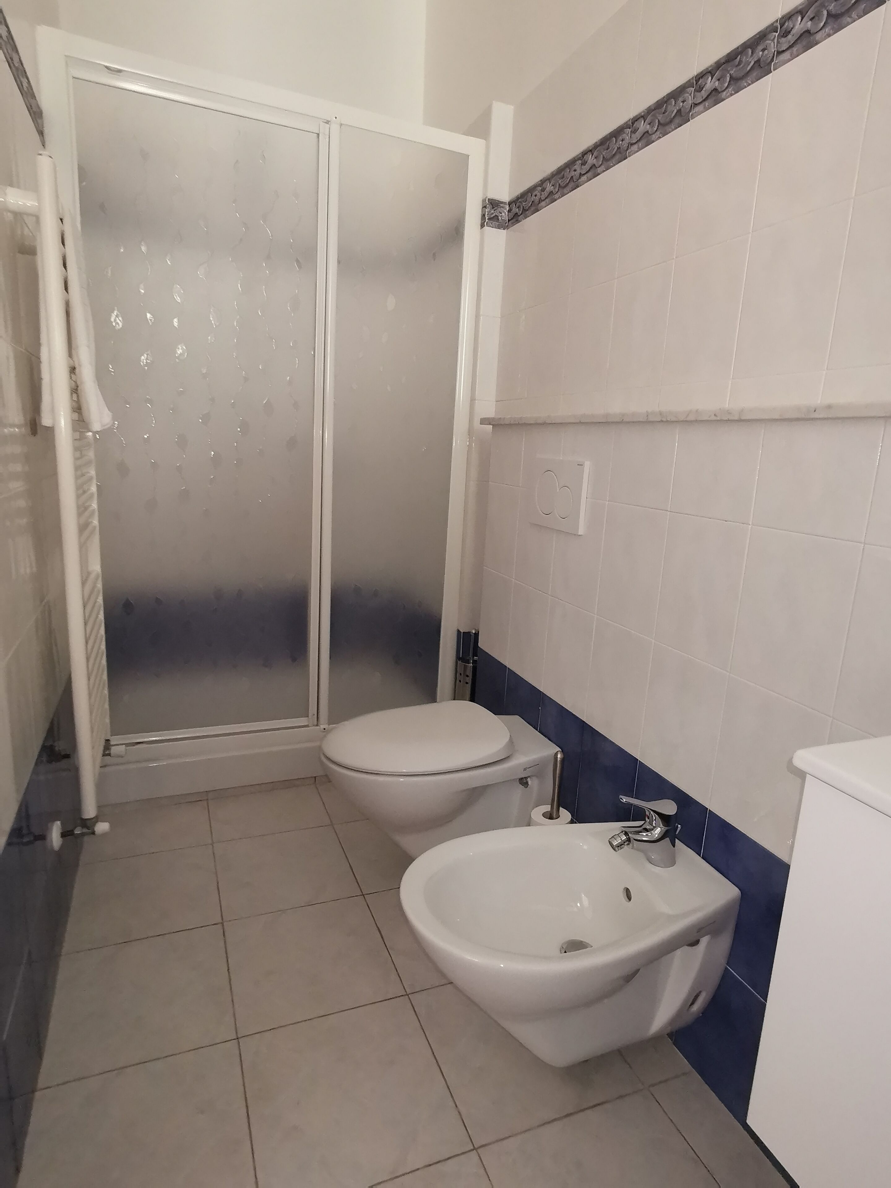 Un bagno con un WC, un bidet e una cabina doccia.