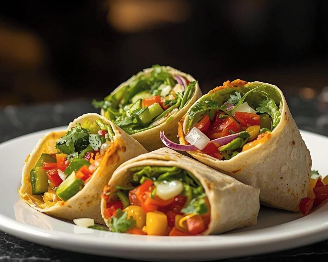 Three burritos on a white plate.