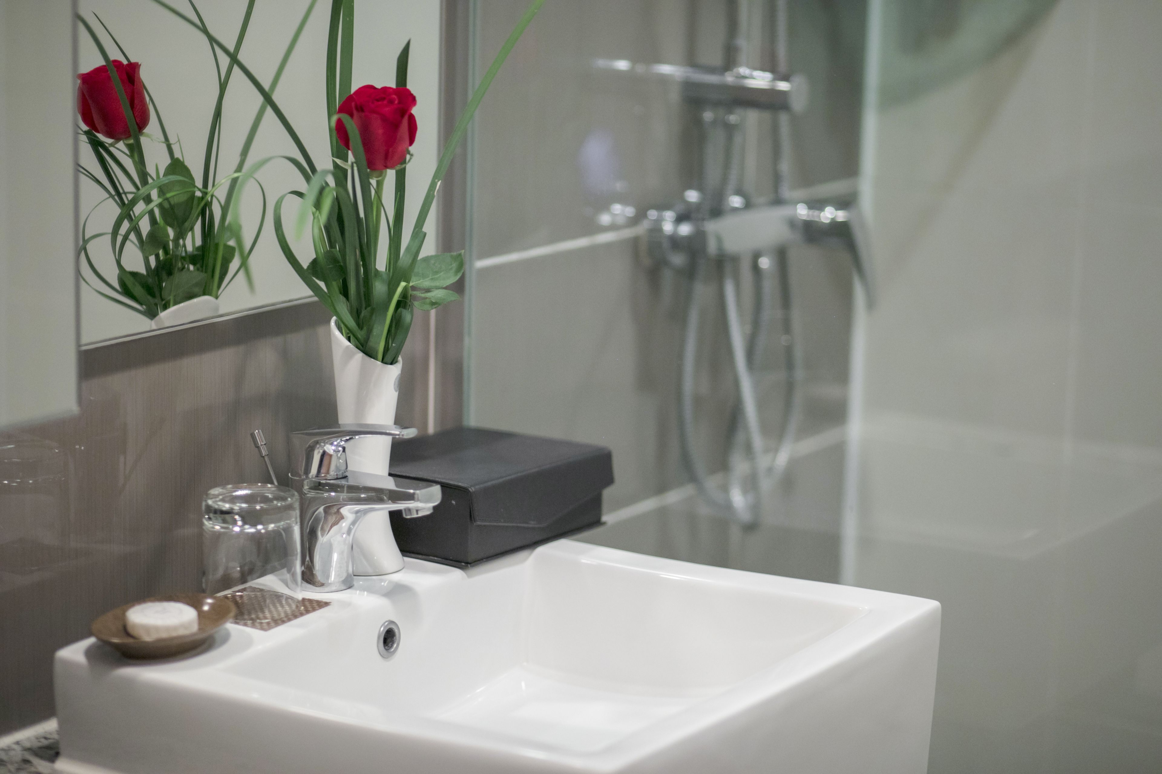 A bathroom with a white sink, a mirror, and two red roses in a vase.