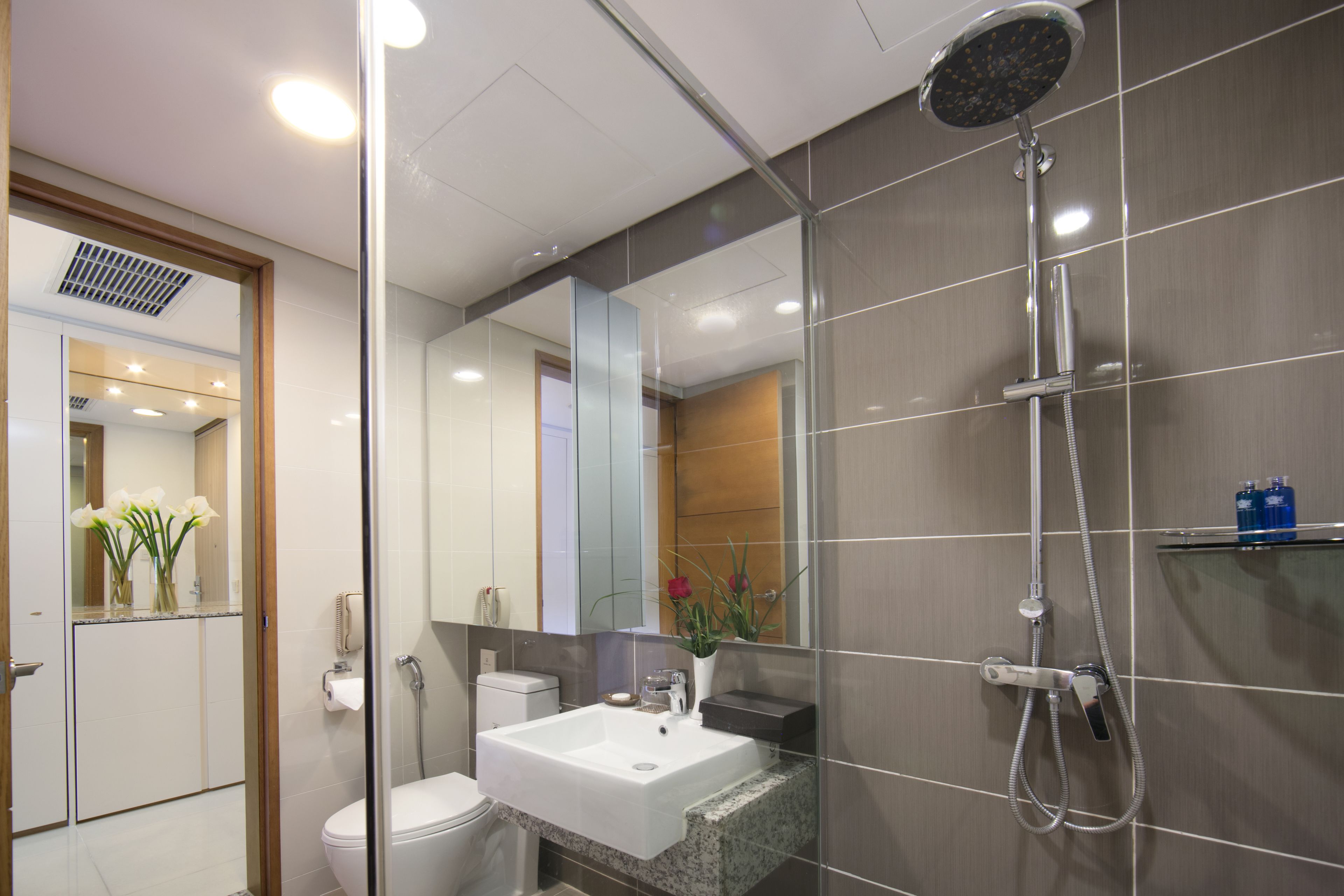 A modern bathroom with a glass shower enclosure, a white sink, and a mirror.