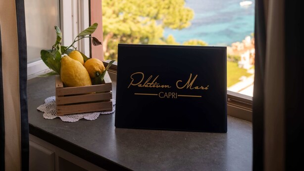 Een raam met uitzicht op zee en een zwarte doos met de tekst 'Patanium Mare' en 'Capri'.