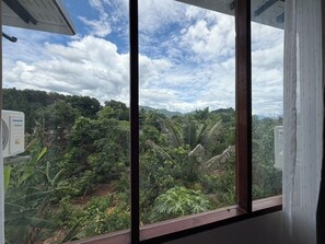 Quarto com uma grande janela com vista para uma paisagem tropical densa e rica em vegetação.