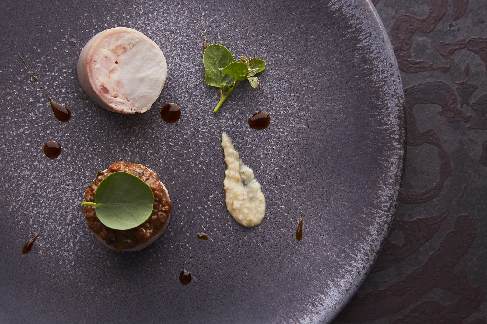 A dessert plate with a scoop of ice cream, a piece of cake, and a sauce, all on a dark textured plate.