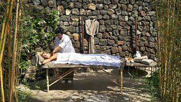 Outdoor treatment areas, body treatments, hot stone massages