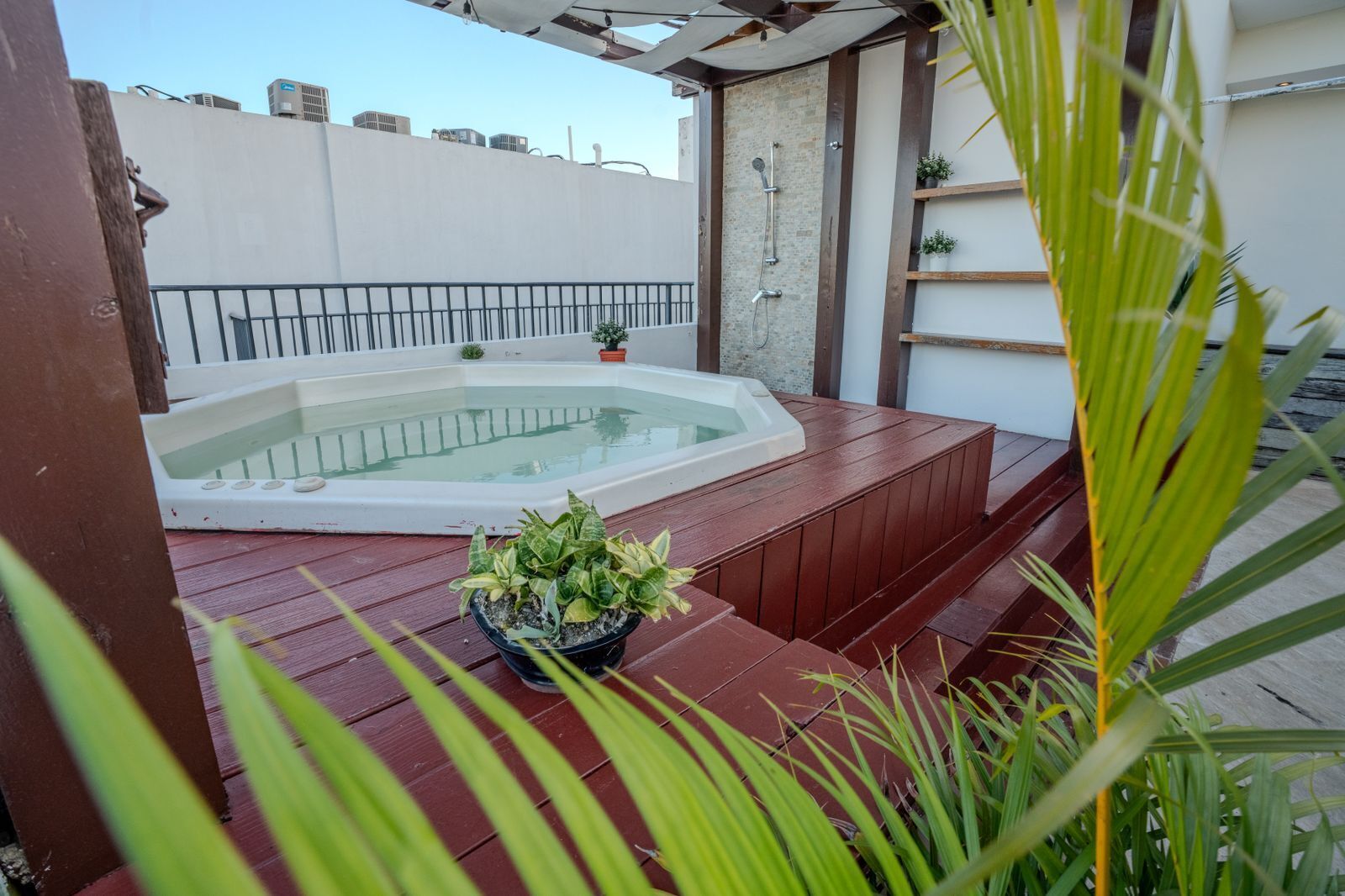 Een hottub in een overdekte buitenruimte, met treden die er naartoe leiden, omringd door potplanten.