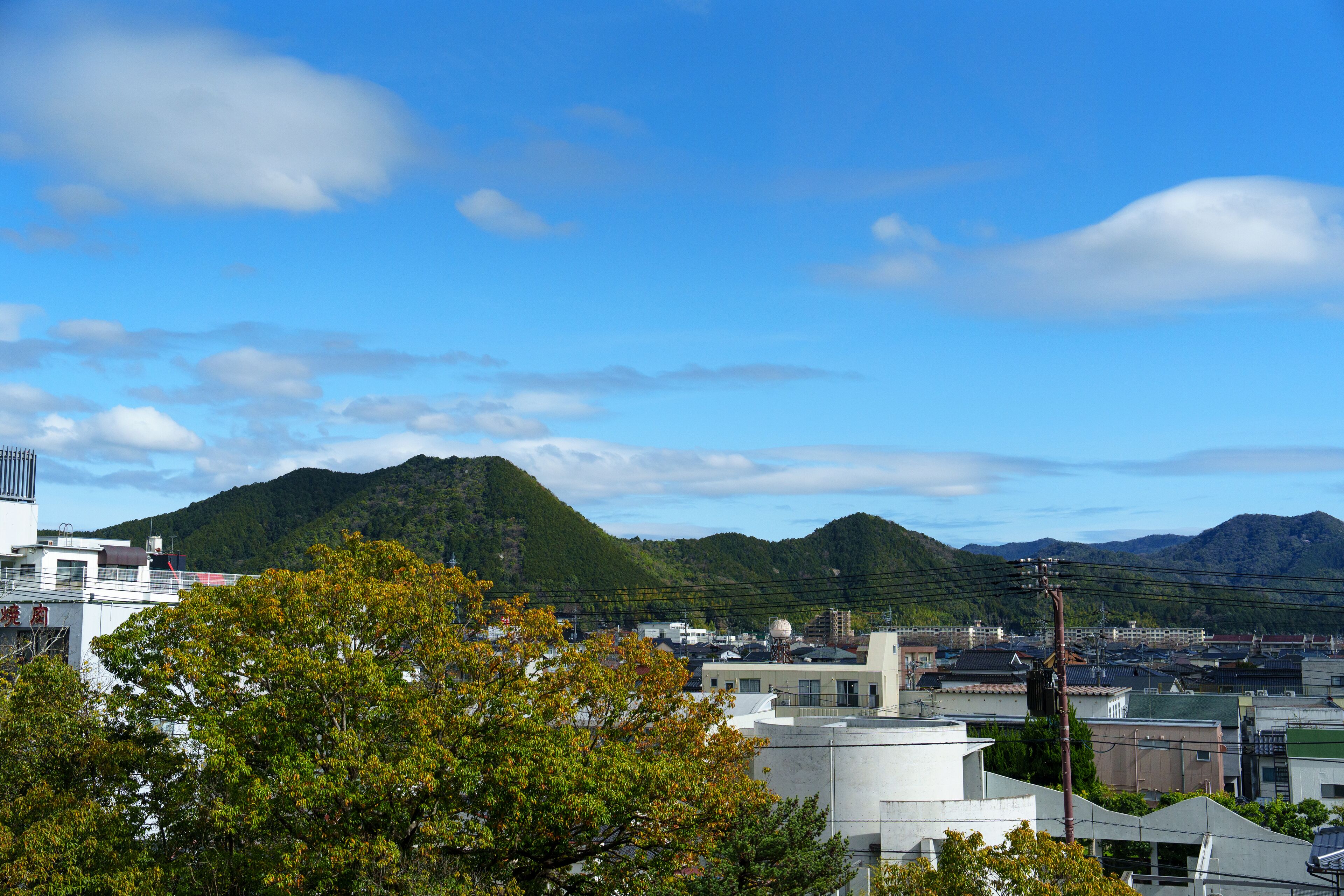 Une vue d’une ville avec des bâtiments, une montagne et des arbres.