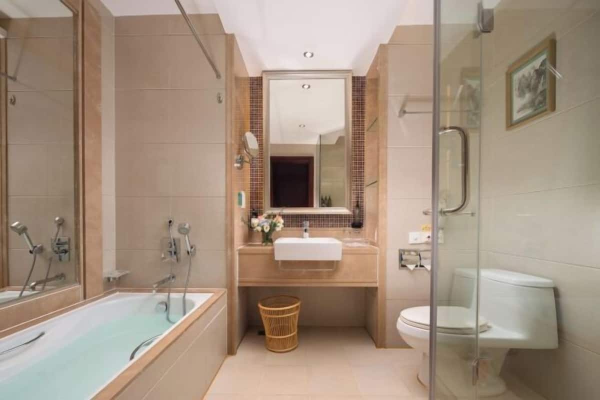 A modern bathroom with a glass-enclosed shower, a bathtub, a sink, and a toilet.