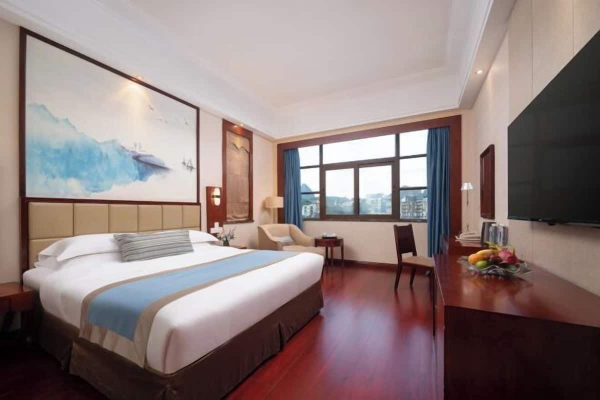 A hotel room with a large bed, a desk, a chair, a TV, and a window with a city view.