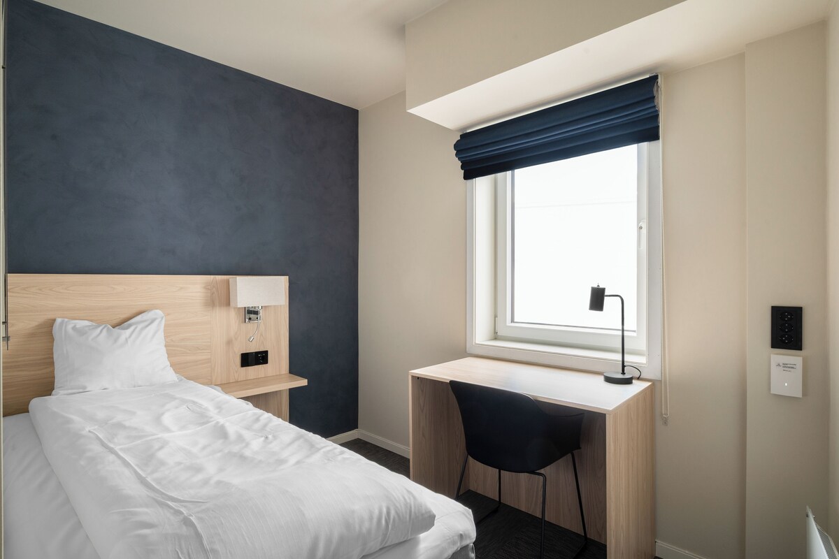 A hotel room with a bed, a desk, a chair, a lamp, and a window with a view.