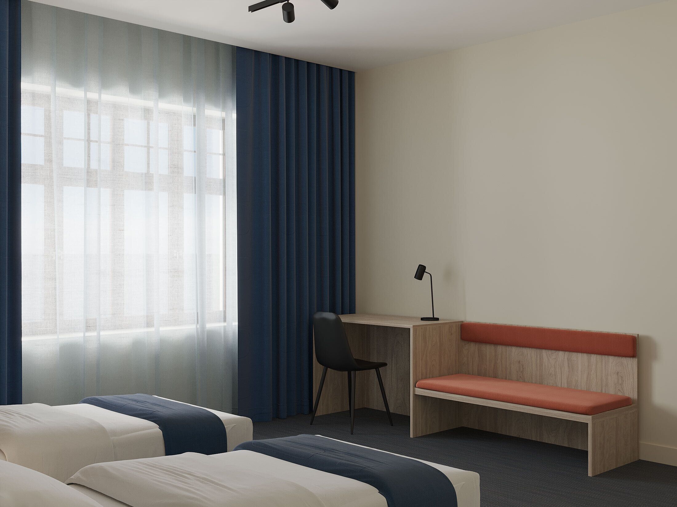 Una habitación de hotel con dos camas, un escritorio, una silla y un banco.