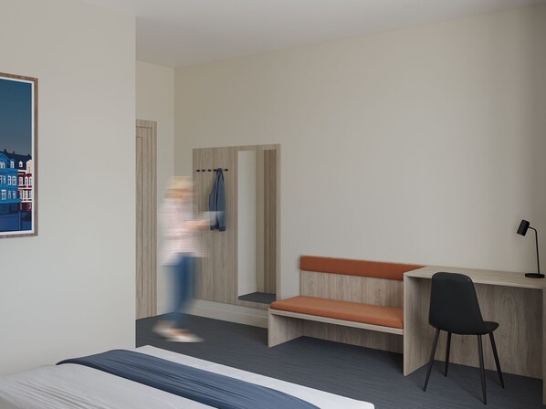 Una habitación de hotel moderna con una cama, un escritorio, una silla, un banco y una puerta.