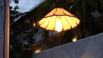 An outdoor area with a hanging lamp, a wall-mounted light, and a palm tree.