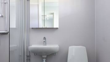 A modern bathroom with a glass shower enclosure, a white sink, and a toilet.