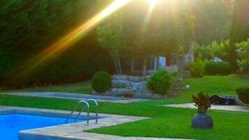 A swimming pool with a ladder, surrounded by a well-maintained lawn and a few trees.