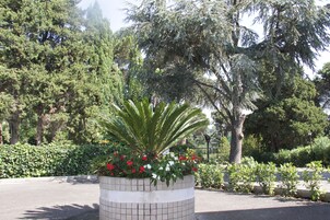 Un jardon circulaire orné de fleurs rouges et blanches, entouré de divers arbres et arbustes.