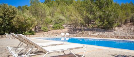 Outdoor pool, pool umbrellas, pool loungers