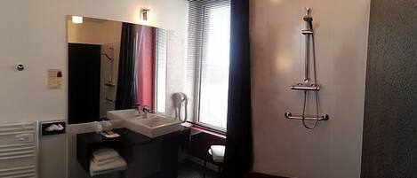 A bathroom with a sink, mirror, and shower.