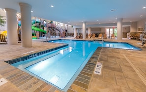 Indoor pool, open 10:00 AM to 10:00 PM, pool loungers