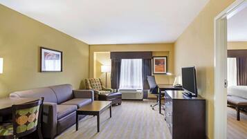 Pillowtop beds, desk, laptop workspace, soundproofing