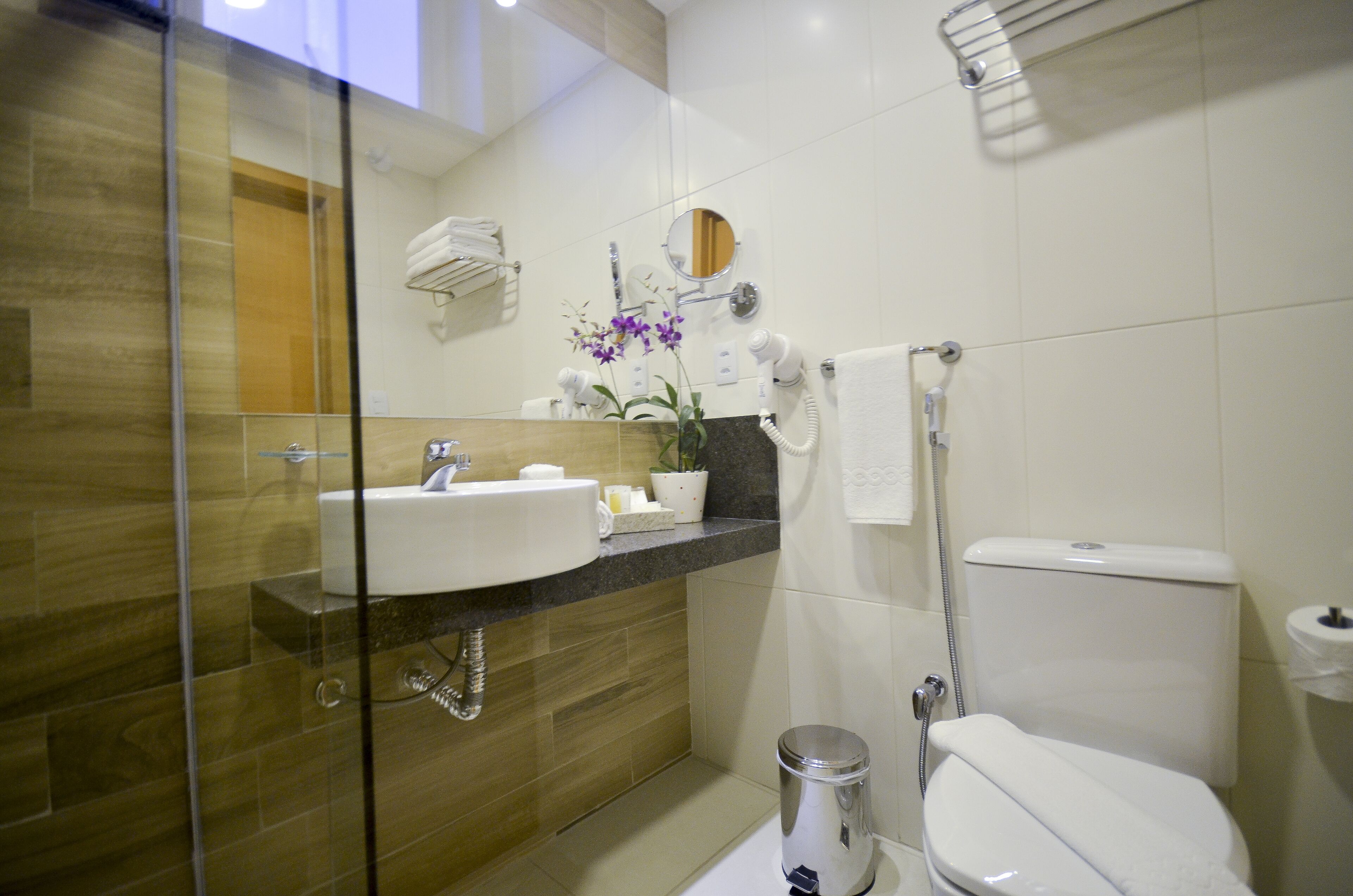 hair dryer, bidet, towels, soap