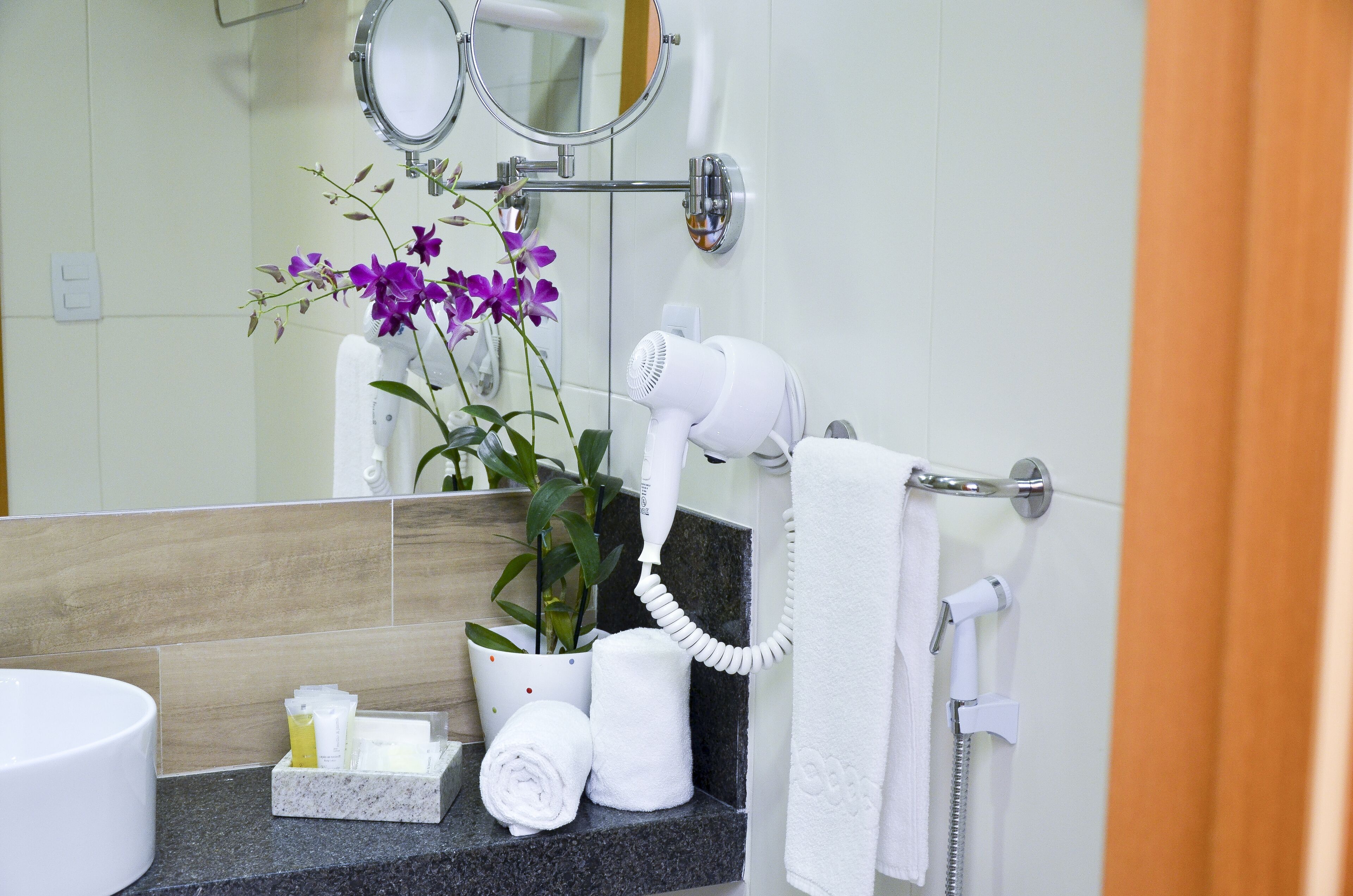 A bathroom with a hairdryer, towel rack, and a potted plant.