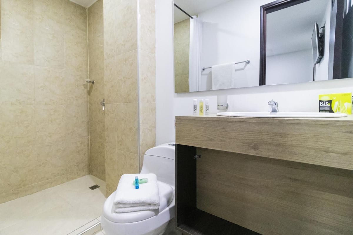 shower, free toiletries, towels, soap