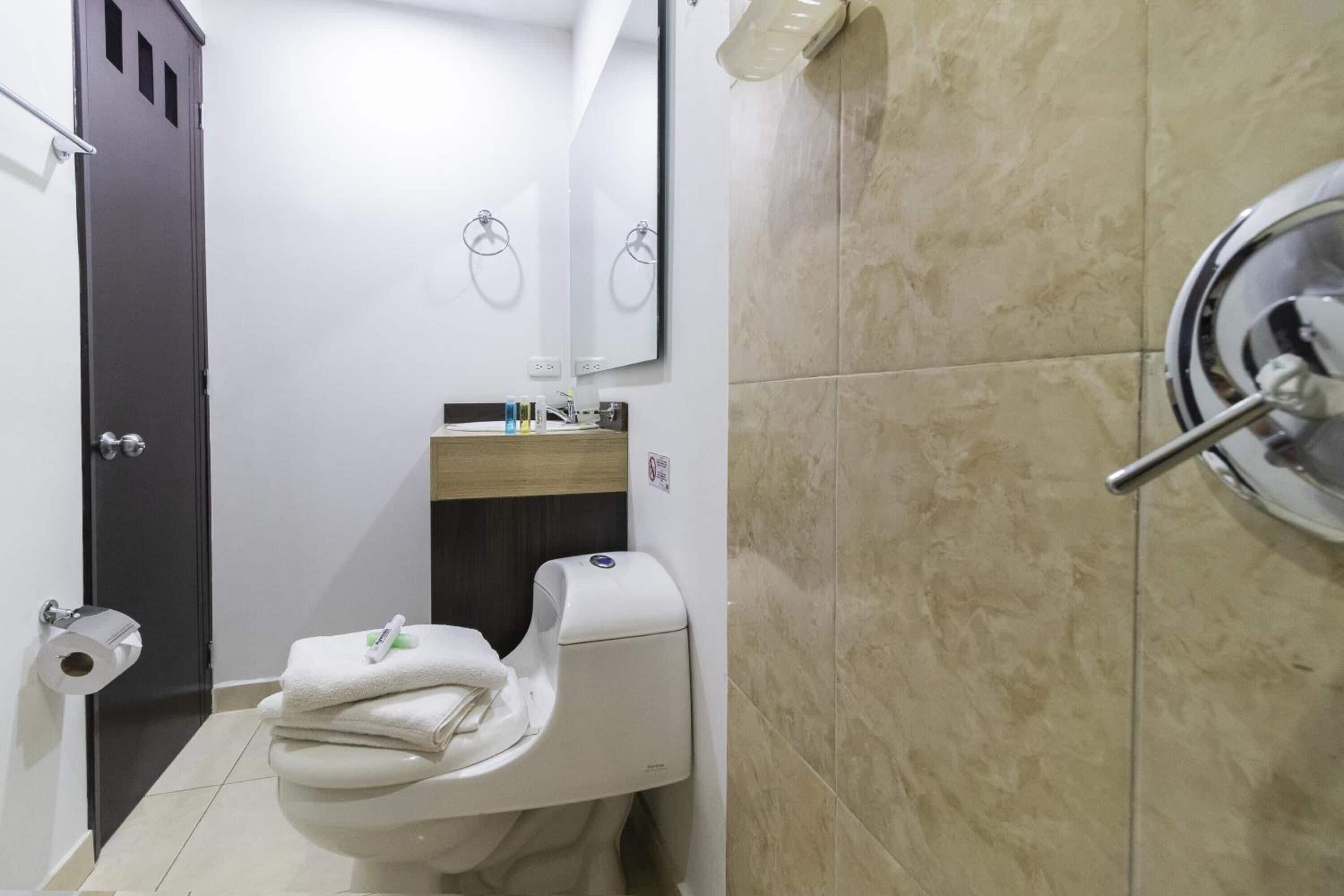 shower, free toiletries, towels, soap