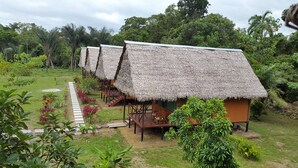 A row of thatched-roof huts with wooden decks, surrounded by lush greenery and a clear path.