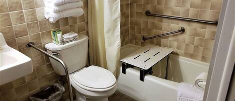 Une salle de bain équipée d’un WC, d’un lavabo, d’une poubelle, d’un rideau de douche et d’une barre d’appui.