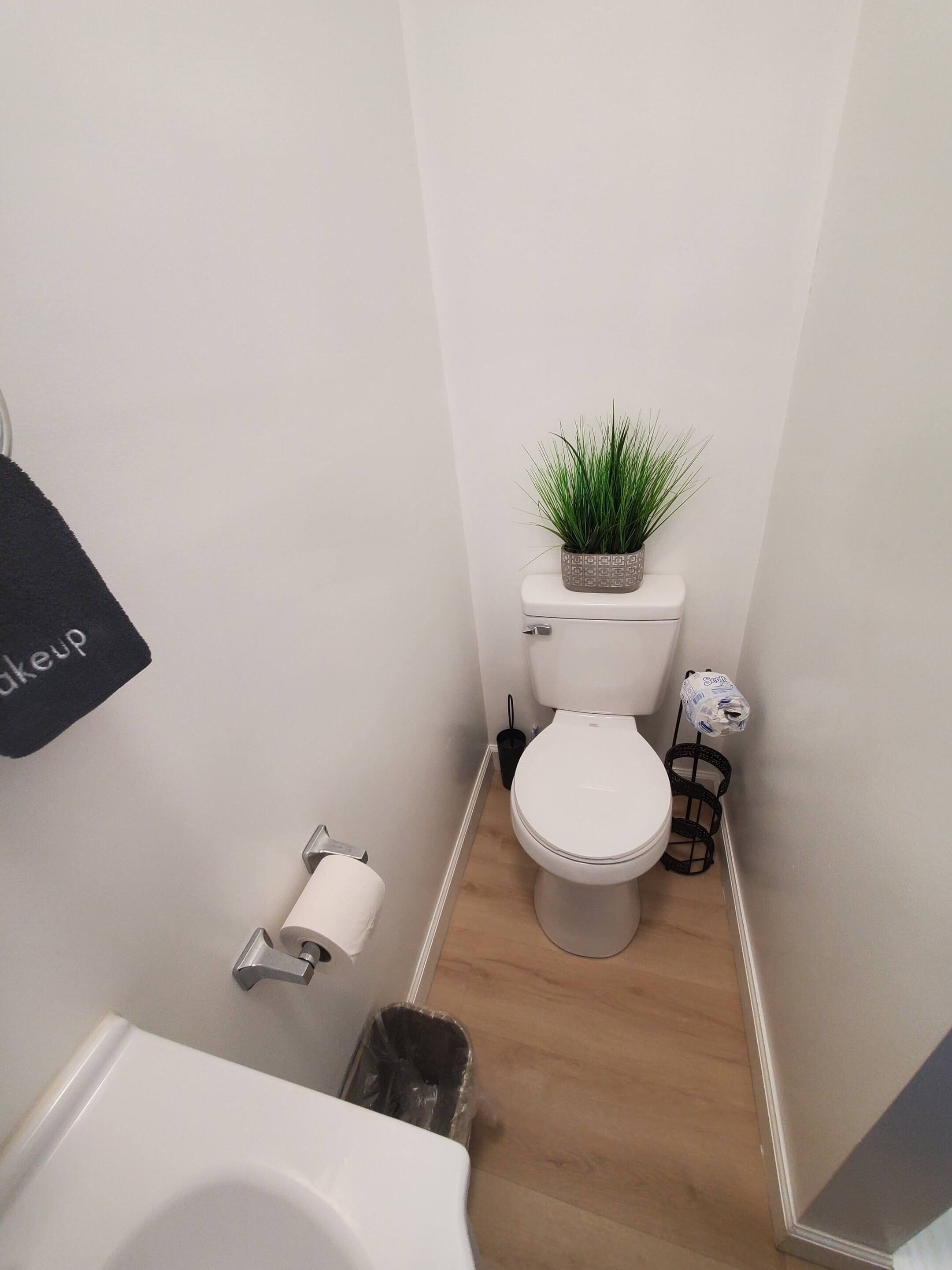 Un baño pequeño con inodoro, un cubo de basura, un dispensador de papel higiénico y una planta pequeña sobre el tanque del inodoro.