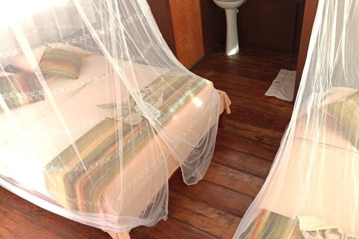 A room with two beds covered by sheer curtains, wooden flooring, and a white pedestal toilet.