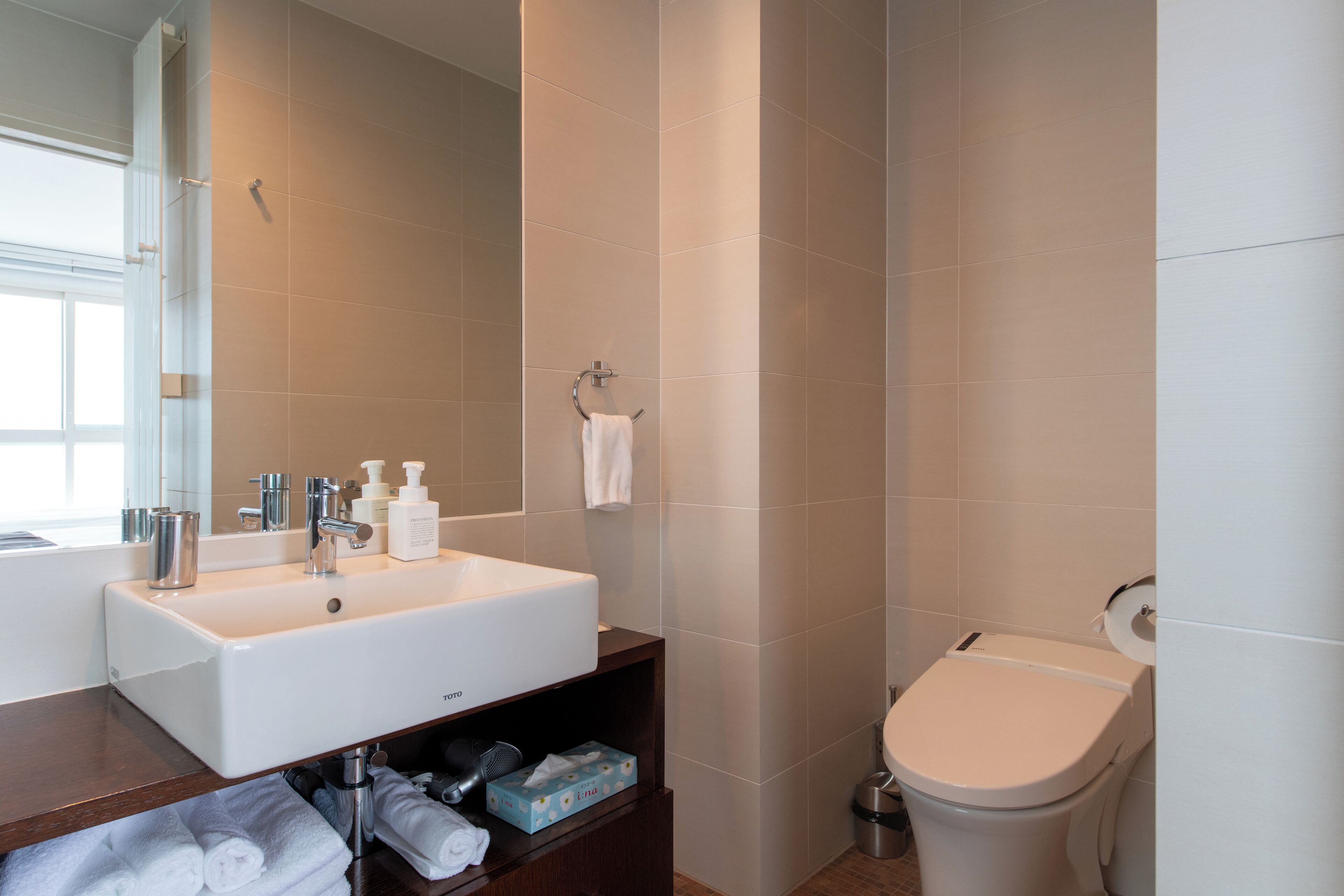 Et moderne badeværelse med en stor vask, toilet og spejl.