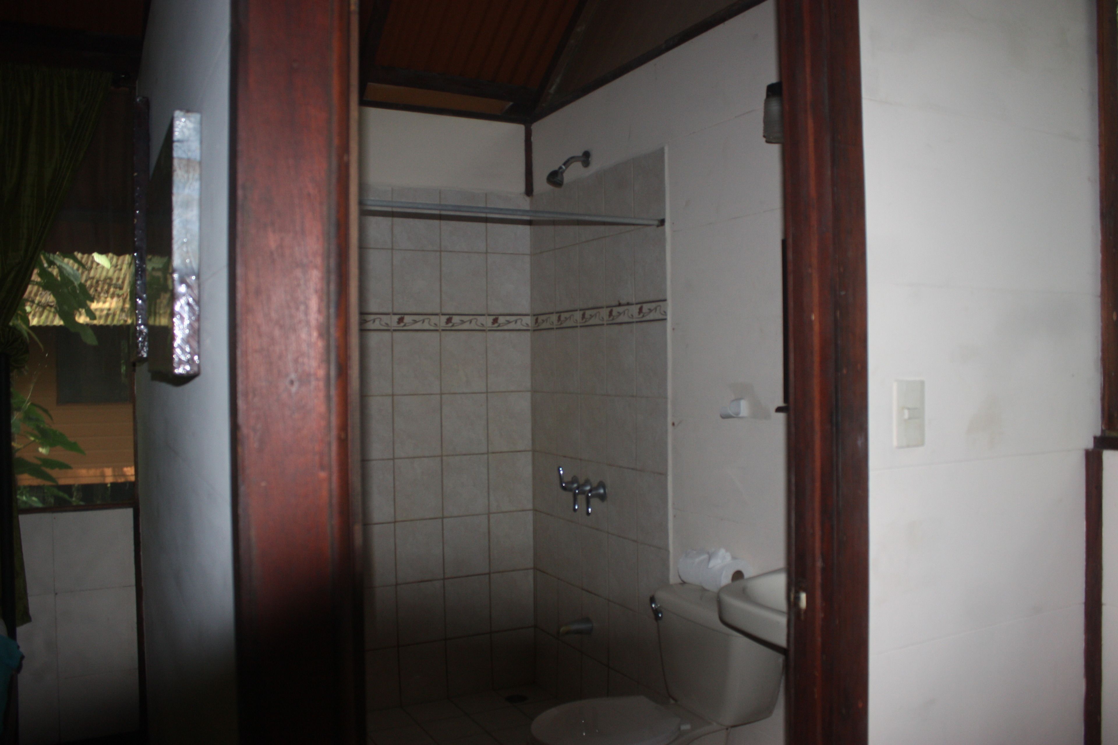 A small bathroom with a shower, toilet, and a towel rack.