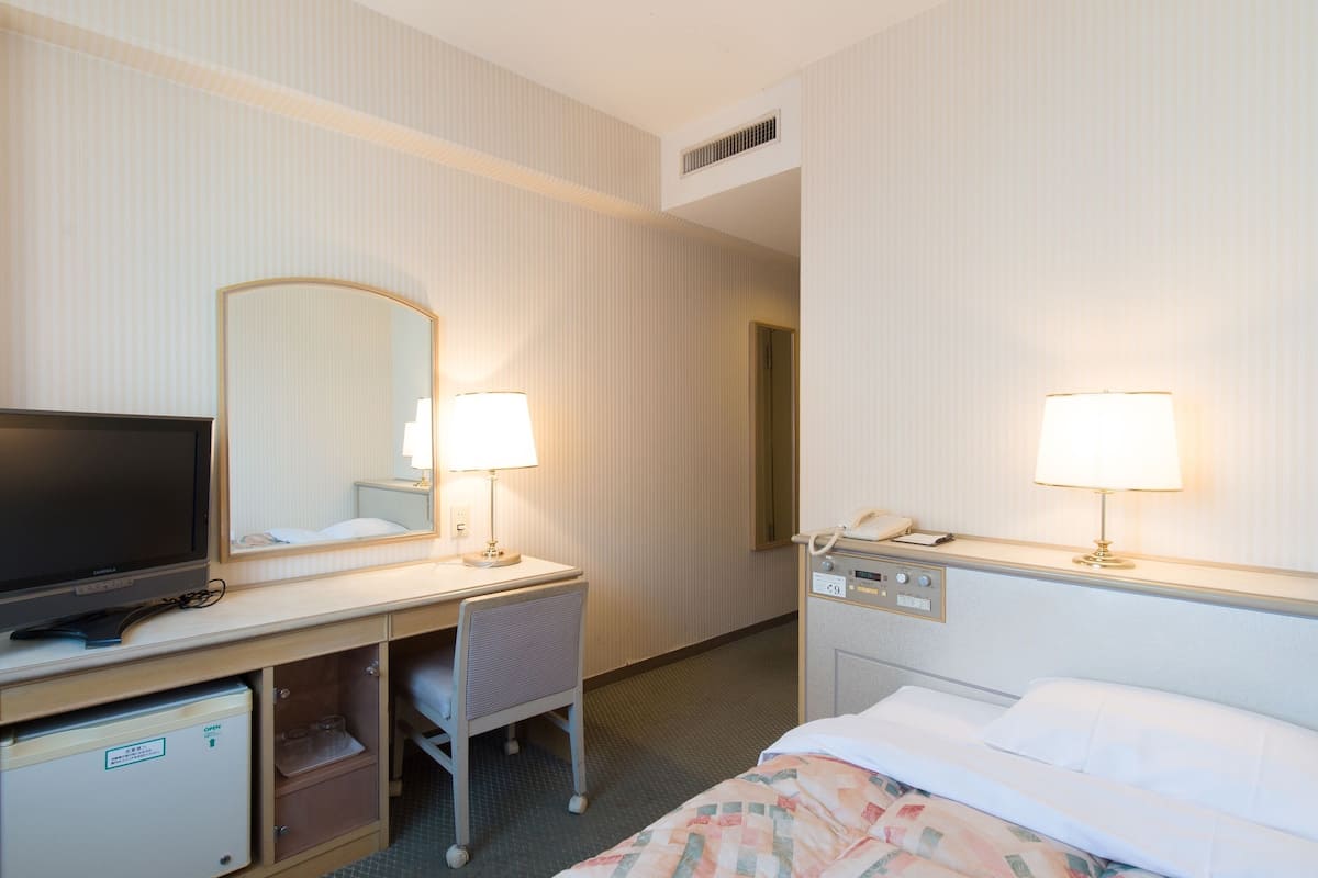 A hotel room with a bed, a desk with a television, a chair, a desk lamp, a telephone, and a mirror.