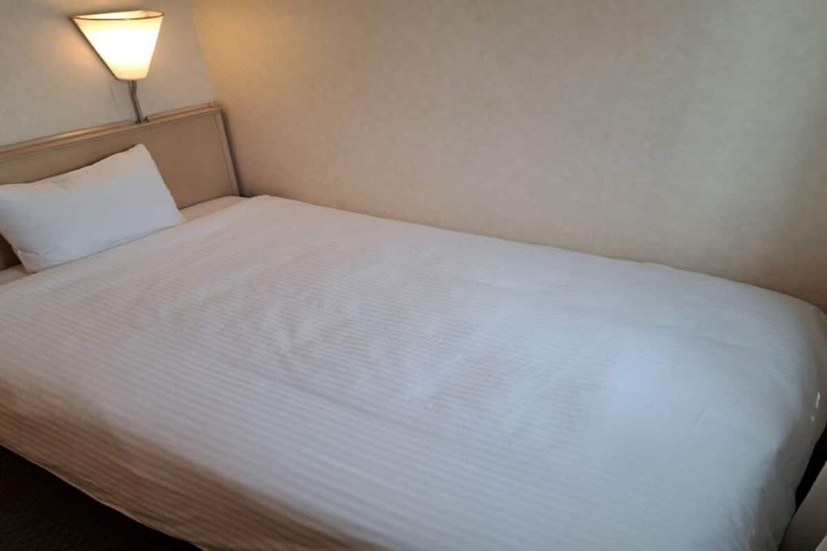 A single bed with a headboard, a wall-mounted lamp, and a plain wall.